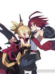  1girl adell_(disgaea) bat_wings black_pants blonde_hair bow breasts couple demon_girl disgaea dress harada_takehito hetero makai_senki_disgaea_2 medium_breasts necktie official_art pants pointy_ears red_eyes red_hair rozalin short_hair smile third-party_edit third-party_watermark wings yellow_bow 