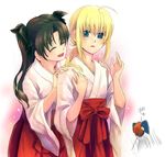  2girls artoria_pendragon_(all) bad_id bad_pixiv_id blonde_hair brown_hair emiya_shirou fate/stay_night fate_(series) green_eyes hakama japanese_clothes miko momo_(gomenne) multiple_girls red_hakama saber toosaka_rin 