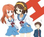  2girls ? asahina_mikuru blue_skirt brown_eyes brown_hair hairband izumi_minami kita_high_school_uniform kyon long_hair miniskirt multiple_girls nervous orange_hairband school_uniform serafuku short_hair skirt suzumiya_haruhi suzumiya_haruhi_no_yuuutsu 