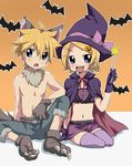  1girl bad_id bad_pixiv_id bat blonde_hair blue_eyes blush brother_and_sister cape costume halloween hat kagamine_len kagamine_rin kneeling maruki_(punchiki) midriff navel short_hair siblings thighhighs twins vocaloid wand witch witch_hat 