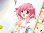  adjusting_hair bathroom dutch_angle fugetsu_taku game_cg inumimi_berserk non-web_source open_mouth orange_eyes pink_hair school_uniform short_hair solo tsumugi_yuuro v-neck 