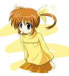  ? hair_ribbon lyrical_nanoha mahou_shoujo_lyrical_nanoha oka_(bananashoe) orange_skirt purple_eyes red_hair ribbon shirt skirt solo takamachi_nanoha twintails yellow_shirt 