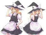  bad_id bad_pixiv_id blonde_hair blush braid clone commentary dual_persona hand_on_headwear hand_on_hip hat kirisame_marisa multiple_girls simple_background time_paradox touhou white_background witch_hat yellow_eyes yoita 