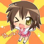  blush brown_hair chibi fang hahifuhe kusakabe_misao lucky_star one_eye_closed pink_neckwear ryouou_school_uniform school_uniform serafuku short_hair solo translated va yellow_eyes 