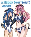  2girls animal_ears animal_print bell bikini blue_hair breasts cow_bell cow_ears cow_print cow_tail elbow_gloves flat_chest glasses gloves highres horns izumi_konata large_breasts long_hair lucky_star multiple_girls new_year one-piece_swimsuit pink_hair side-tie_bikini swimsuit tail takanashi_ringo takara_miyuki 