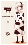  2009 ahoge animal_print choker copyright_request cow_print dress face hair_ribbon happy_new_year new_year red_eyes ribbon silver_hair socks solo standing tokunou_shoutarou 