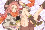  2009 animal_ears animal_print bad_id bad_pixiv_id belt bike_shorts boots braid chinese_zodiac copyright_request cow_ears cow_girl cow_print cowboy_boots cowboy_hat fringe_trim green_eyes hat horns new_year orange_scarf osamu_(jagabata) pink_hair scarf smirk solo tail twin_braids western year_of_the_ox 