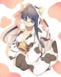  animal_ears animal_print bad_id bad_pixiv_id bell blue_eyes breasts cleavage copyright_request cow_ears cow_print cow_tail glasses highres hood horns kashiwamochi_yomogi large_breasts long_hair milk solo tail thighhighs 