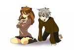  1girl blue_eyes couple crossed_arms grey_hair hair_ornament hairclip hetero kneeling nagisa_kaworu neon_genesis_evangelion orange_hair pout red_eyes regain skirt socks souryuu_asuka_langley sweater tsundere 