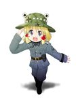  blonde_hair boots camouflage camouflage_hat hair_ribbon hat holster iron_cross medal military military_uniform moriya_suwako ribbon sakurato_tsuguhi salute solo space_craft swastika touhou ufo uniform 