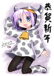  2009 animal_print bad_id bad_pixiv_id bell blue_eyes boots cow_bell cow_print highres hiiragi_tsukasa kazuboh kneeling lucky_star new_year pantyhose purple_hair solo translated 