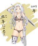  2009 animal_print armor armpits bikini bikini_armor blue_eyes breasts cow_print elbow_gloves gloves grin highres large_breasts long_hair megane_chuu new_year smile solo swimsuit sword thighhighs tiara to_aru_majutsu_no_index translated valkyrie valkyrie_(index) weapon white_hair 