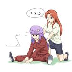  &gt;_&lt; bike_shorts bow casual closed_eyes exercise flats green_eyes hair_bow hat hong_meiling long_hair multiple_girls one_knee patchouli_knowledge purple_hair red_hair shirt stretch t-shirt taikyokuturugi touhou track_suit 