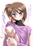  1girl assertive blue_eyes blush breast_grab breasts brown_hair grabbing guided_breast_grab hetero large_breasts long_sleeves lyrical_nanoha mahou_shoujo_lyrical_nanoha_innocent material-s nipples partially_translated sakura_ryuuken shirt_lift short_hair solo_focus translation_request 