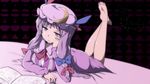  anime_coloring argyle argyle_background barefoot blurry book bow breasts crescent depth_of_field feet hair_bow hand_on_own_cheek hat highres large_breasts long_hair lying on_stomach patchouli_knowledge purple_hair reading solo tenkomori_(bug_kura) touhou 