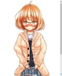  absurdres ahoge black_legwear blush bob_cut cardigan fake_scrollbar glasses highres kuriyama_mirai kyoukai_no_kanata pantyhose pink_hair red-framed_eyewear ryuuguu_yassuu school_uniform serafuku short_hair skirt skirt_hold solo wavy_mouth yellow_eyes 