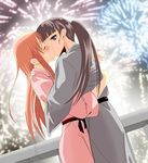  absurdres aerial_fireworks black_hair blush closed_eyes couple fireworks handrail highres himeya_no_marimo hug japanese_clothes kimono kiss long_hair looking_at_viewer minna-dietlinde_wilcke multiple_girls night ponytail red_hair sakamoto_mio strike_witches world_witches_series yukata yuri 