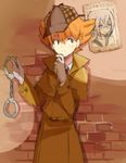  barufoa blush cosplay cuffs deerstalker earth_eleven glasses gloves green_eyes handcuffs hat inazuma_eleven_(series) inazuma_eleven_go inazuma_eleven_go_galaxy male_focus manabe_jin'ichirou minaho_kazuto necktie open_mouth orange_hair poster_(object) sherlock_holmes sherlock_holmes_(cosplay) smile soccer_uniform solo sportswear the_adventures_of_sherlock_holmes wanted 