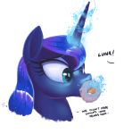  2018 doughnut english_text equine feral food friendship_is_magic hair horn magic mammal my_little_pony princess_luna_(mlp) selenophile simple_background solo text tongue tongue_out unicorn white_background 