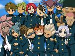  6+boys artist_request blue_sky blush character_request child cloud gakuran gouenji_shuuya inazuma_eleven inazuma_eleven_(series) male male_focus multiple_boys outdoors school_uniform short_hair sky usagigenki v 