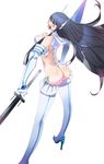  absurdres armor ass bakuzan bare_shoulders black_hair blue_eyes blush boots breasts cleavage from_behind hand_on_hip high_heels highres junketsu katana kill_la_kill kiryuuin_satsuki large_breasts long_hair looking_back ohland revealing_clothes shouting spikes sword thigh_boots thighhighs thong weapon 