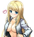  blonde_hair blue_eyes blush breasts chloe_lemaire gayprince girlfriend_(kari) heart large_breasts long_hair no_bra open_clothes open_shirt shirt simple_background smile solo very_long_hair white_background 