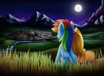  2013 applejack_(mlp) blonde_hair couple cutie_mark duo equine female friendship_is_magic grass hair high-roller2108 hill horse moon mountain multi-colored_hair my_little_pony night outside pegasus pony ponyville rainbow_dash_(mlp) rainbow_hair river sky town water wings 