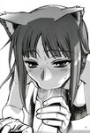  1girl absurdres animal_ears blush censored fellatio fingernails fingers highres holo long_hair looking_at_viewer minazuki_juuzou monochrome nicomark nude oral penis simple_background solo_focus spice_and_wolf sweat veins veiny_penis wolf_ears 