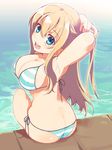  :d aqua_bikini aqua_eyes armpits arms_behind_head arms_up ass back bangs bikini blonde_hair breasts butt_crack cleavage collarbone covered_nipples dimples_of_venus eyebrows_visible_through_hair from_behind hair_between_eyes happy hips horizontal_stripes izumi_(sachikara) large_breasts long_hair looking_back nail_polish open_mouth original side-tie_bikini sideboob sidelocks smile soaking_feet solo straight_hair string_bikini striped striped_bikini swimsuit twisted_torso water white_bikini yellow_nails 