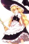  apron bloomers bow broom grin hat hat_bow kiira kirisame_marisa long_hair looking_at_viewer parted_lips puffy_sleeves shirt short_sleeves skirt skirt_set smile solo touhou underwear very_long_hair vest waist_apron white_bow witch_hat yellow_eyes 