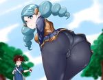  1girl ace_trainer_(pokemon) ass blue_hair blue_sky blush breasts cameltoe day drill_hair e-kichi from_below green_eyes kyouhei_(pokemon) medium_breasts miniskirt panties panties_under_pantyhose pantyhose poke_ball pokemon pokemon_(game) pokemon_bw skirt sky solo_focus sweatdrop twin_drills twintails underwear upskirt white_panties 