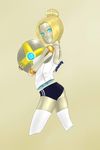  alternate_costume android ball berserkert blonde_hair blue_eyes buruma cropped_legs doll_joints glowing glowing_eyes hair_bun highres league_of_legends orianna_reveck robot short_hair solo thighhighs white_legwear 