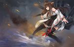  1girl ahoge arceonn battle bishoujo_senshi_sailor_moon_r black_lady boots brown_hair cannon detached_sleeves dutch_angle hairband headgear japanese_clothes kantai_collection kongou_(kantai_collection) long_hair personification skirt solo thigh_boots thighhighs wide_sleeves 