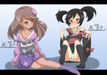  bad_id bad_pixiv_id black_hair black_legwear blush brown_eyes brown_hair carbink dark_skin flower furisode furisode_girl_(pokemon) furisode_girl_kirika furisode_girl_shione gen_6_pokemon gradient gradient_background hair_flower hair_ornament japanese_clothes kimono klefki letterboxed long_hair looking_at_another multiple_girls panties pokemon pokemon_(creature) pokemon_(game) pokemon_xy red_eyes sitting smile socks twintails underwear white_panties yokozuwari yuuichi_(reductionblack) 