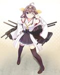  ahoge bad_id bad_pixiv_id bare_shoulders black_legwear boots brown_hair detached_sleeves double_bun hair_ornament hairband hand_on_hip headgear japanese_clothes kantai_collection kongou_(kantai_collection) long_hair looking_at_viewer purple_eyes sitting skirt solo thigh_boots thighhighs totokichi v_over_eye wide_sleeves zettai_ryouiki 