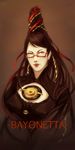  absurdres amulet bad_id bad_pixiv_id bayonetta bayonetta_(character) beehive_hairdo black_hair blue_eyes bodysuit breasts character_name cleavage_cutout covered_nipples glasses hair_ribbon highres large_breasts lipstick long_hair makeup mole mole_under_mouth qi_hui red-framed_eyewear ribbon semi-rimless_eyewear solo under-rim_eyewear upper_body very_long_hair 
