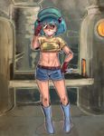  alternate_costume belt blue_eyes blue_hair boots dirty glasses gloves grin hair_bobbles hair_ornament hand_on_hip hat kawashiro_nitori midriff mirino rubber_boots short_hair short_twintails shorts smile solo toned touhou twintails two_side_up wrench 