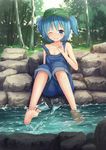  alternate_costume bare_arms bare_shoulders barefoot blue_eyes blue_hair breasts cleavage collarbone feet forest hair_bobbles hair_ornament hat kawashiro_nitori looking_at_viewer naked_overalls nature no_shirt one_eye_closed ouka_(ra-raradan) overalls pants river rock sitting sitting_on_rock small_breasts smile soaking_feet soles solo splashing strap_slip touhou two_side_up 