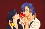  apple black_hair blue_eyes blue_hair food fruit kill_la_kill lemon matoi_ryuuko mikisugi_aikurou red sako 