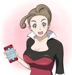  1girl breasts brown_hair cleavage earrings english green_eyes jewelry nail_polish nintendo pansy_(pokemon) pokemon pokemon_(game) pokemon_xy reporter short_hair smile 