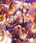  armor ass axe blush breasts castle character_request eyepatch feathers fire gloves helmet large_breasts long_hair looking_at_viewer mckeee polearm purple_hair red_eyes shingeki_no_bahamut sky smile solo spear watermark weapon 