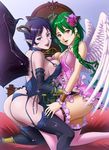  angel_wings ass bat_wings breast_press breasts cleavage earrings flower green_eyes green_hair hair_ornament horn jewelry large_breasts lingerie long_hair multiple_girls original panties purple_hair rakusai_(saisai_garou) red_eyes short_hair thighhighs thong underwear wings 