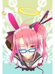  ahoge animal_ears armband asymmetrical_hair bangs blue-framed_eyewear blunt_bangs bow braid bunny_ears cat_ears demon_tail eyepatch facial_mark flat_chest from_above glasses guitar_case hair_bow hair_ornament hair_stick hairpin halo headphones instrument_case jewelry kanzashi katana koumei_(harmonizer) large_bow long_hair maid_headdress messy_hair mole mole_under_eye original pink_hair red_eyes scarf school_uniform serafuku sheath sheathed side_braid single_braid single_earring smile solo star sword tail ultimate_moe ume_(koumei) weapon 