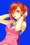  blue_background breasts camisole food hairdressing jewelry looking_at_viewer medium_breasts megami_ibunroku_devil_survivor nanamura navel necklace orange_eyes orange_hair pocky short_hair simple_background solo striped tanigawa_yuzu upper_body 