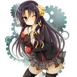  bad_id bad_pixiv_id black_hair black_legwear breasts cleavage gears hair_ribbon kurugaya_yuiko little_busters! long_hair looking_at_viewer medium_breasts one_eye_closed plaid plaid_skirt purple_eyes ribbon school_uniform skirt smile solo thighhighs ura_(ura-tennislove) 