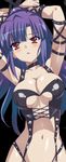  1girl arms_behind_head arms_up artist_request bdsm black_background blush bondage bound breasts cleavage cropped cube_x_cursed_x_curious female jet_yowatari large_breasts long_hair looking_at_viewer navel open_mouth purple_hair red_eyes simple_background solo spikes sweat ueno_kirika 