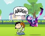  2013 american_football boots clothing duo equestria_girls female field football hair house human lucy_van_pelt mountain multi-colored_hair outside peanuts peanuts_(comic) purple_eyes purple_hair skirt sky steghost tree twilight_sparkle_(eg) 