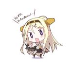  blonde_hair blush bow chibi cosplay detached_sleeves gia_kon hair_ornament hairclip hand_on_hip headband kantai_collection kin-iro_mosaic kongou_(kantai_collection) kongou_(kantai_collection)_(cosplay) kujou_karen long_hair nontraditional_miko open_mouth pointing purple_eyes seiyuu_connection shadow skirt solo standing thighhighs touyama_nao translated very_long_hair white_background x_hair_ornament 