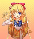  2013 ;p aino_minako bishoujo_senshi_sailor_moon blonde_hair blue_eyes bow character_name choker cowboy_shot dated earrings elbow_gloves fch2009 gloves gradient gradient_background hair_bow half_updo happy_birthday heart jewelry leaning_forward long_hair magical_girl one_eye_closed orange_background orange_sailor_collar orange_skirt pointing red_bow sailor_collar sailor_senshi_uniform sailor_venus skirt solo speech_bubble star star_earrings super_sailor_venus_(stars) tiara tongue tongue_out white_gloves 