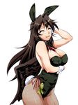  ahoge alternate_costume animal_ears bad_id bad_pixiv_id bare_shoulders black_hair blush bow bowtie breasts bunny_ears bunny_tail bunnysuit cleavage detached_collar fishnet_pantyhose fishnets large_breasts leotard long_hair ootsuki_wataru pantyhose reiuji_utsuho side-tie_leotard simple_background smile solo tail touhou white_background wrist_cuffs 
